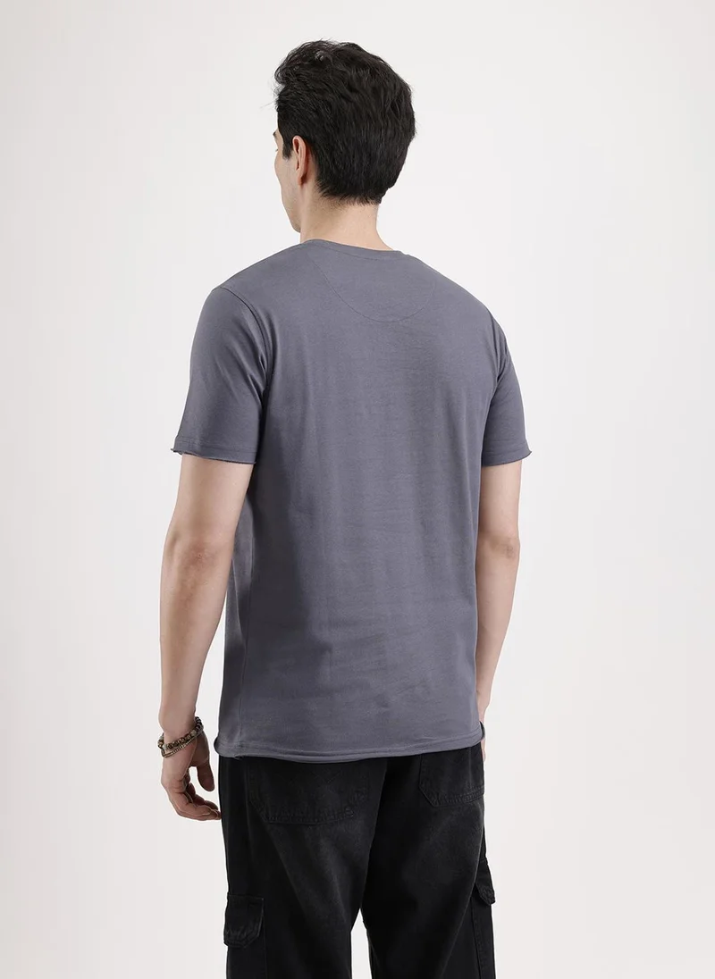 Wrogn Solid Embroidery Patch T-Shirt   |  Grey